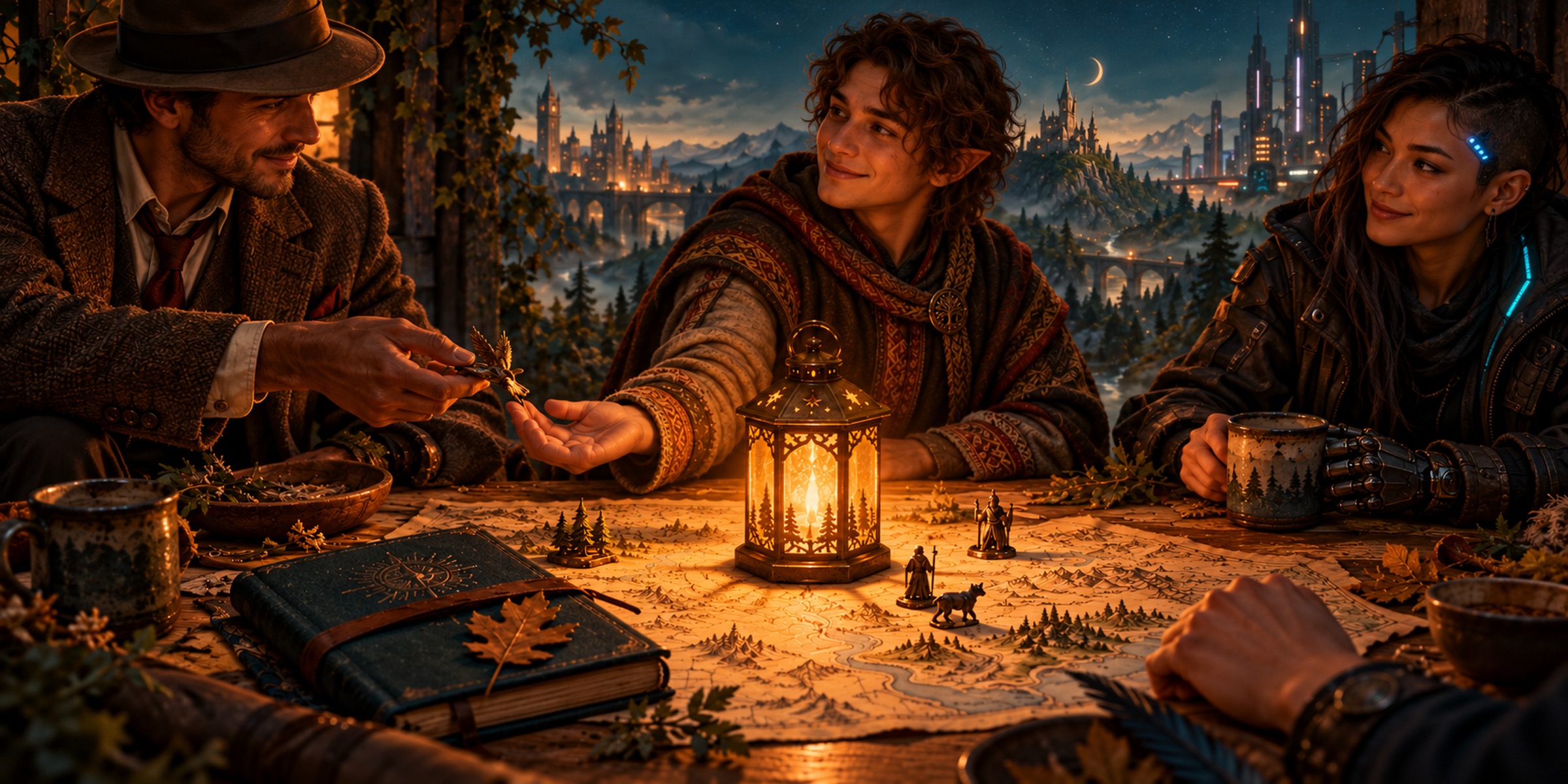 Friends from different worlds — a 1920s investigator, an elf and a cyberpunk runner — share a table lit by a glowing lantern, passing a figurine across a map.